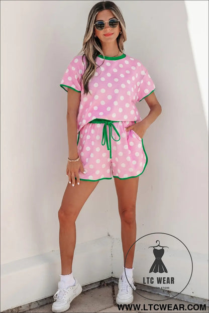 Pink Polka Dot Contrast Edge Casual Short Set - L.T.C Wear Online Fashion Store