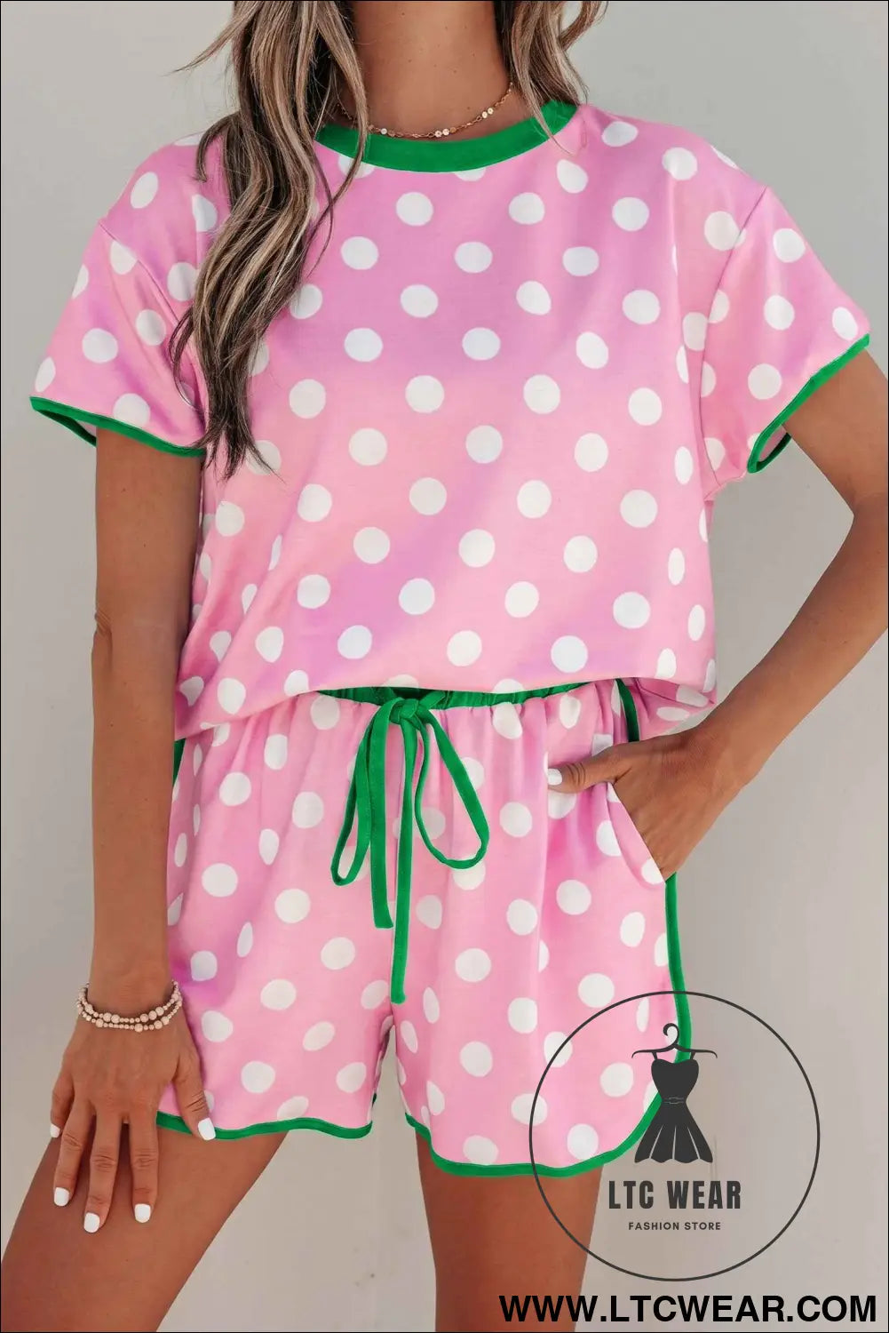 Pink Polka Dot Contrast Edge Casual Short Set
