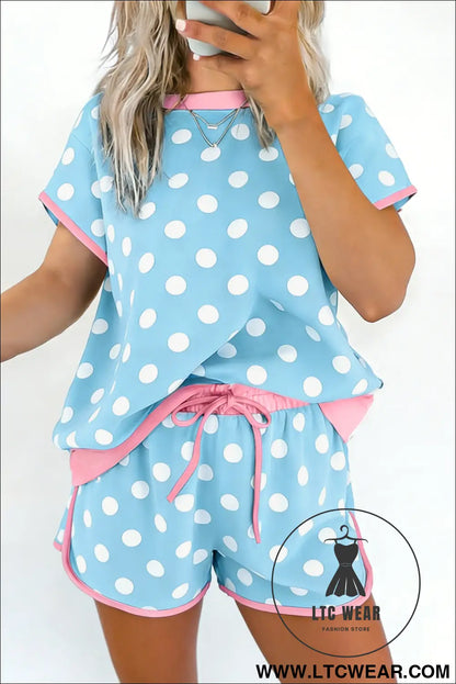 Pink Polka Dot Contrast Edge Casual Short Set - L.T.C Wear Online Fashion Store