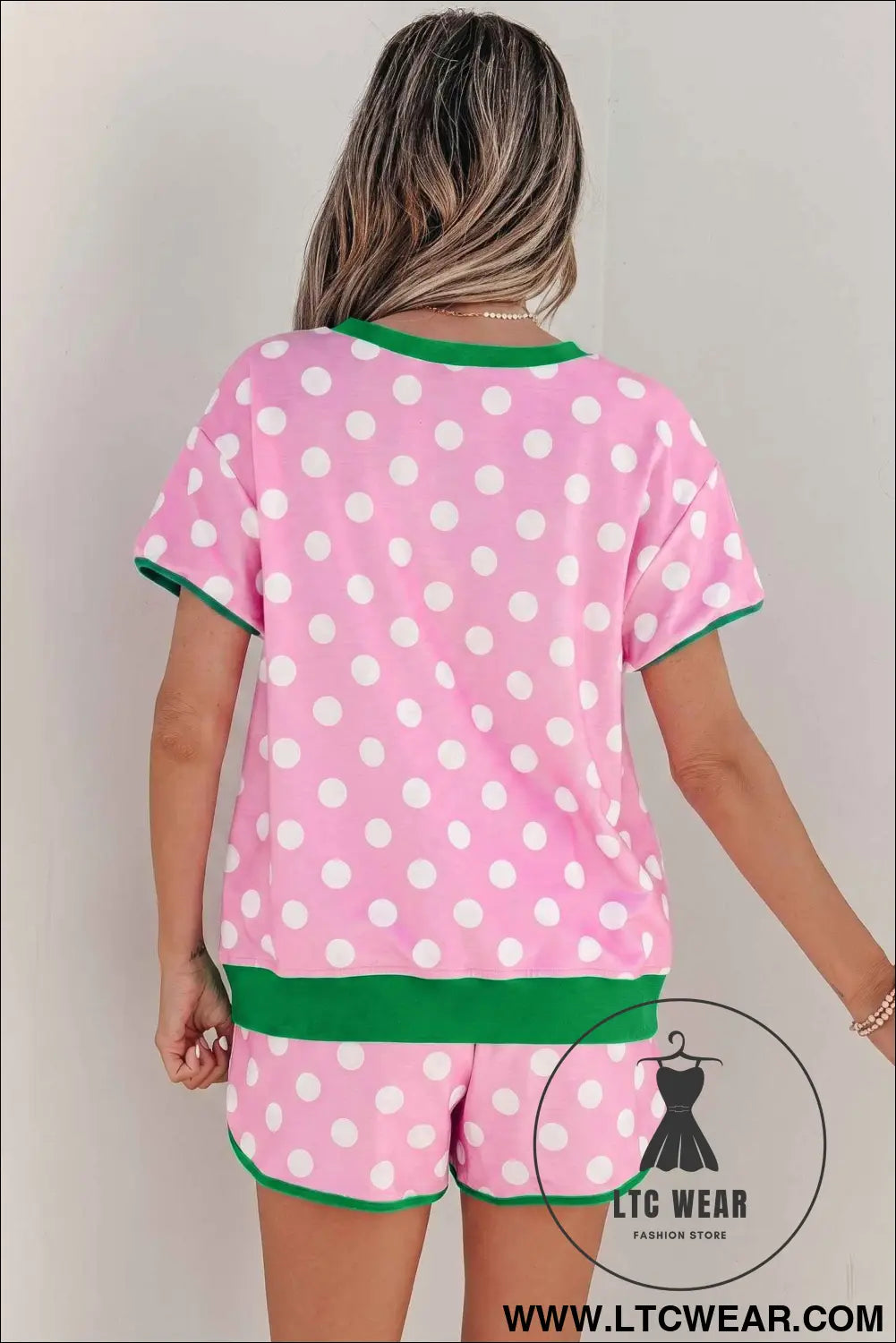 Pink Polka Dot Contrast Edge Casual Short Set