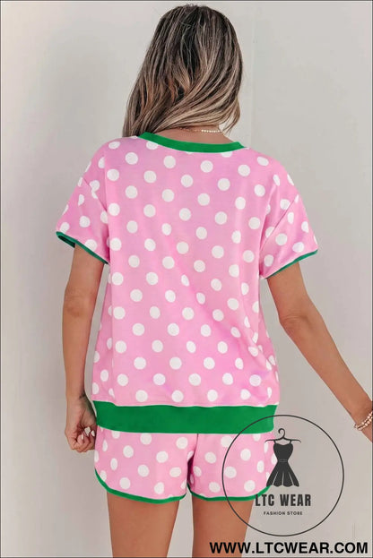 Pink Polka Dot Contrast Edge Casual Short Set