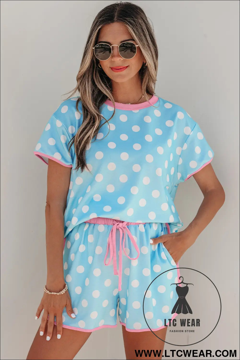 Pink Polka Dot Contrast Edge Casual Short Set - L.T.C Wear Online Fashion Store