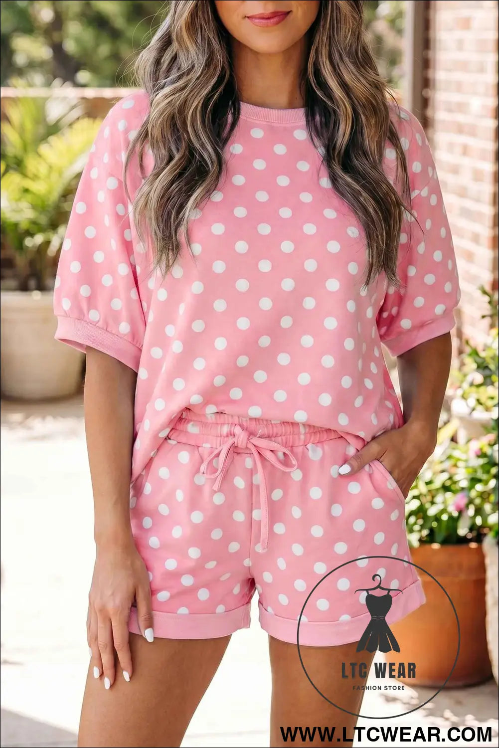 Pink Polka Dot Oversized Top Drawstring Short Set