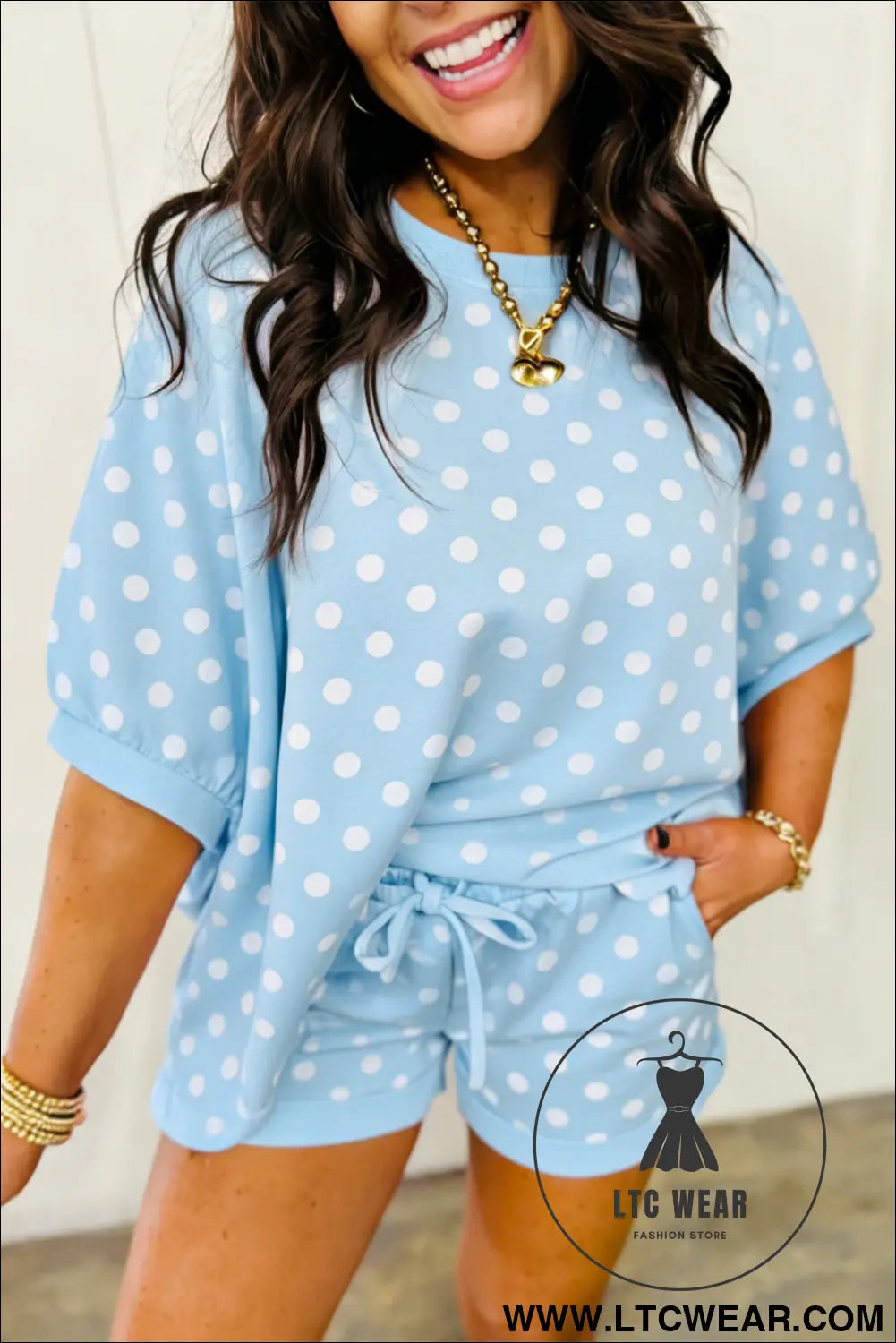 Pink Polka Dot Oversized Top Drawstring Short Set - L.T.C Wear Online Fashion Store