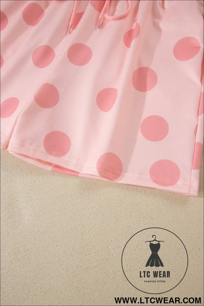 Pink Polka Dot Print Loose Tee Drawstring Elastic Waist Short Set - L.T.C Wear Online Fashion Store