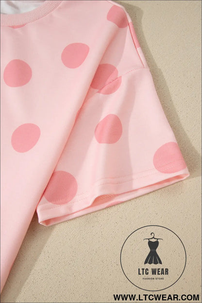 Pink Polka Dot Print Loose Tee Drawstring Elastic Waist Short Set - L.T.C Wear Online Fashion Store