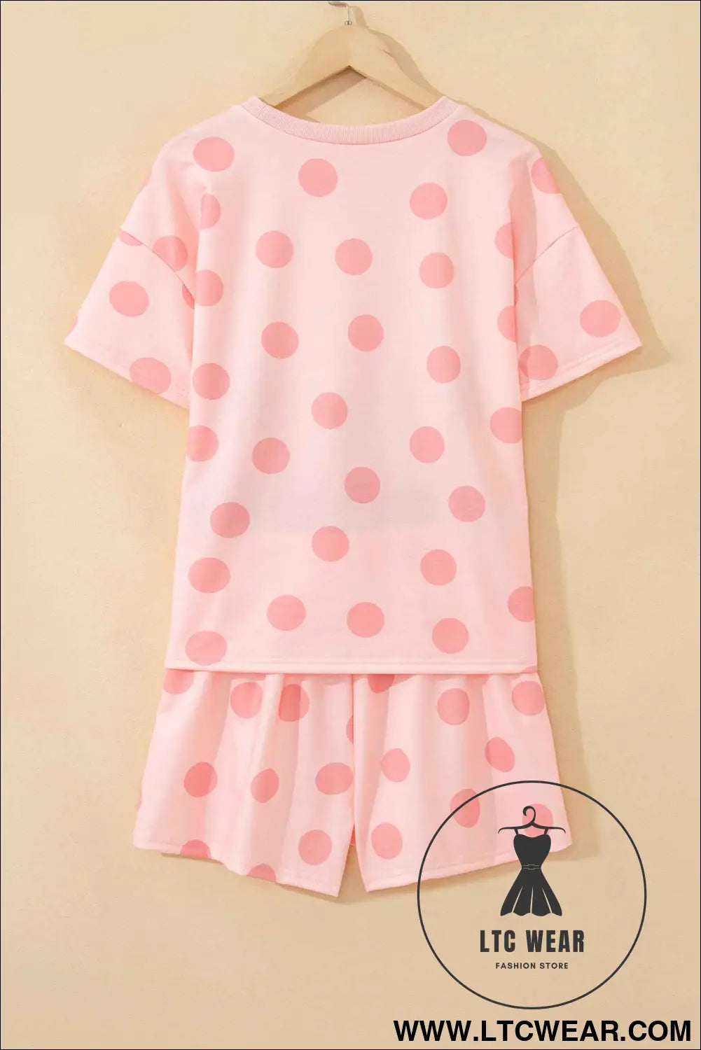 Pink Polka Dot Print Loose Tee Drawstring Elastic Waist Short Set