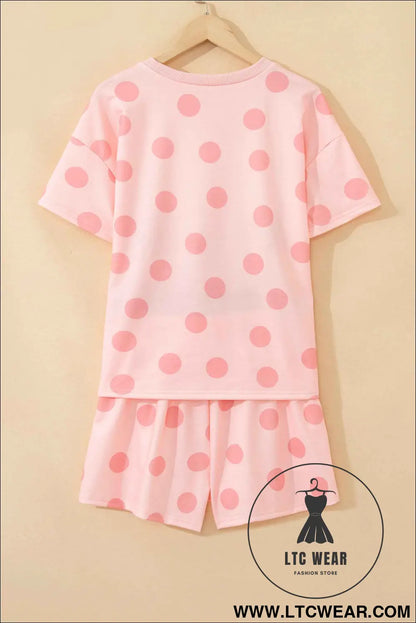 Pink Polka Dot Print Loose Tee Drawstring Elastic Waist Short Set