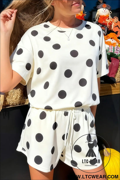 Pink Polka Dot Print Loose Tee Drawstring Elastic Waist Short Set - L.T.C Wear Online Fashion Store