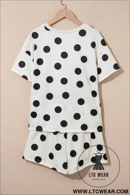 Pink Polka Dot Print Loose Tee Drawstring Elastic Waist Short Set - L.T.C Wear Online Fashion Store
