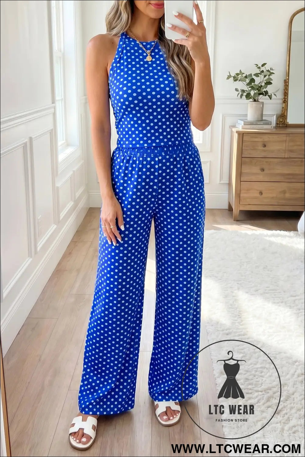 Pink Polka Dot Print Slim Tank Loose Pants 2pcs Outfit - L.T.C Wear Online Fashion Store