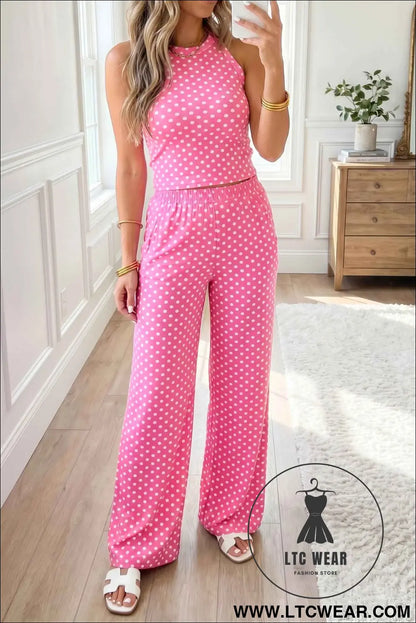 Pink Polka Dot Print Slim Tank Loose Pants 2pcs Outfit