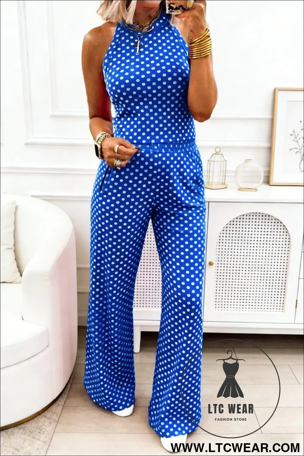 Pink Polka Dot Print Slim Tank Loose Pants 2pcs Outfit - L.T.C Wear Online Fashion Store