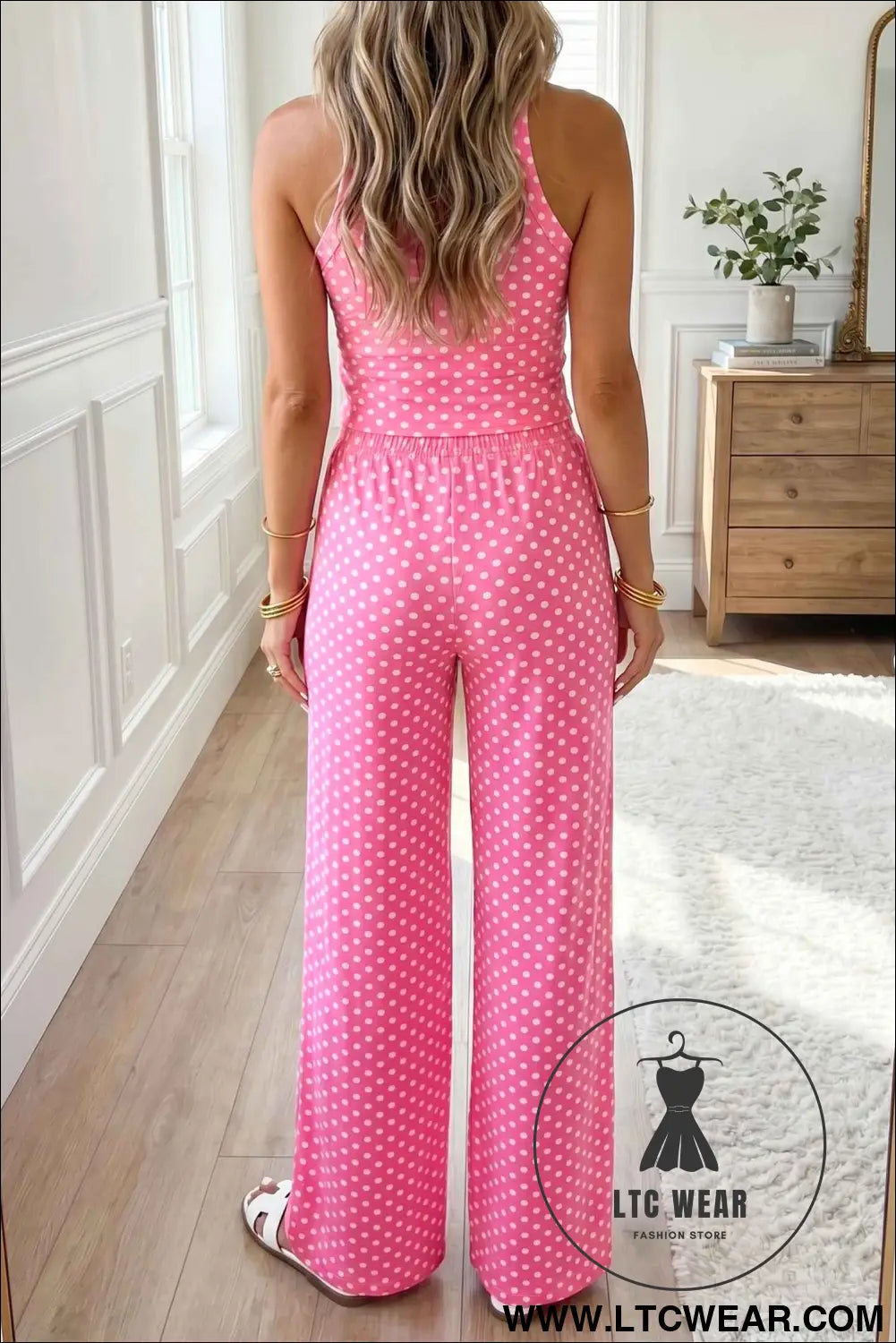 Pink Polka Dot Print Slim Tank Loose Pants 2pcs Outfit