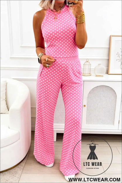 Pink Polka Dot Print Slim Tank Loose Pants 2pcs Outfit