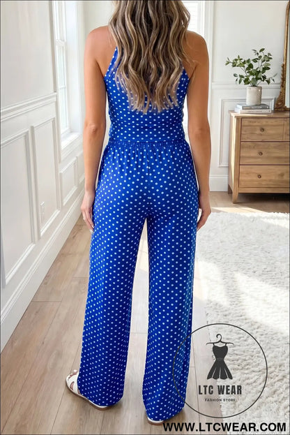 Pink Polka Dot Print Slim Tank Loose Pants 2pcs Outfit - L.T.C Wear Online Fashion Store