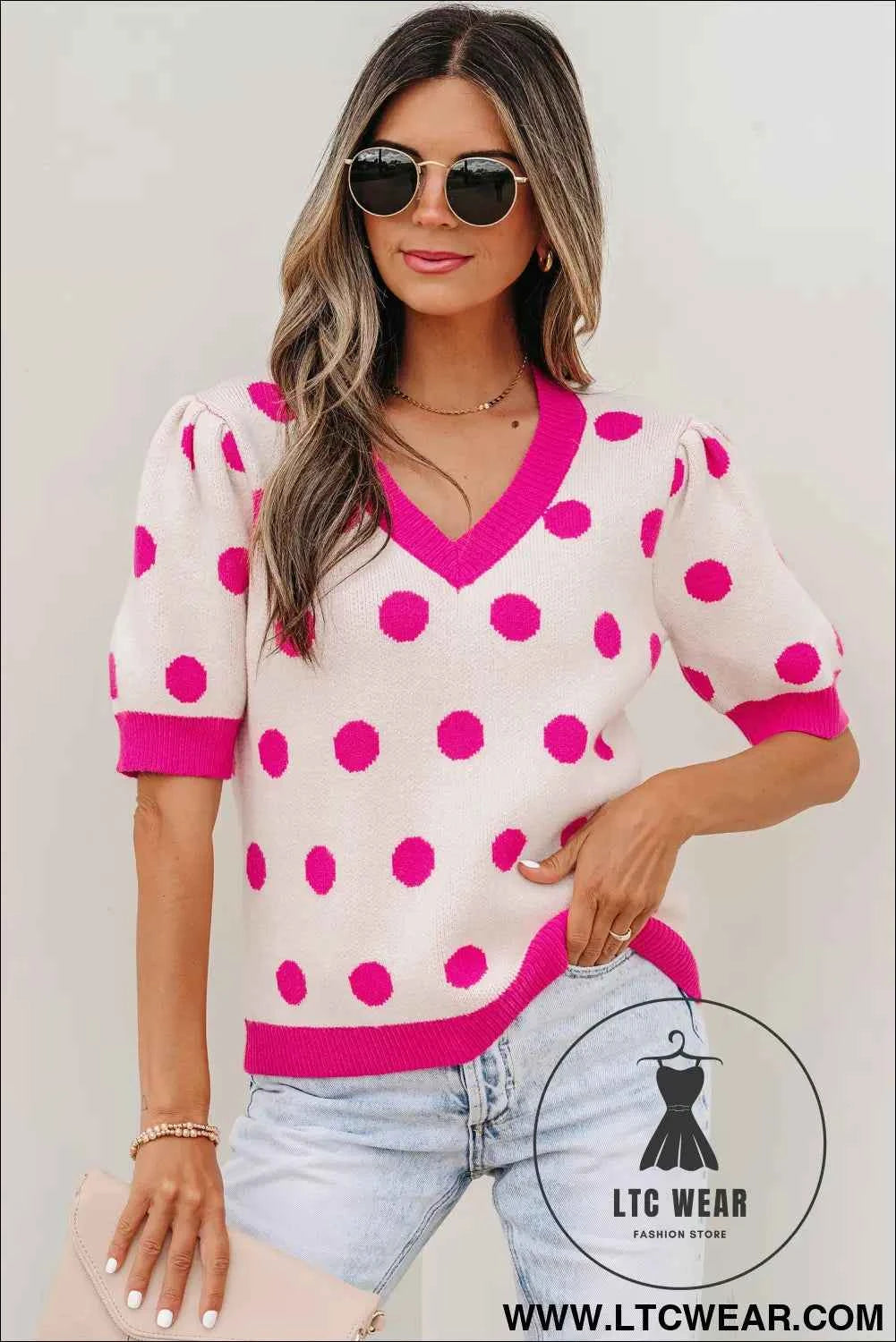 Pink Polka Dot Puff Short Sleeve Sweater Top