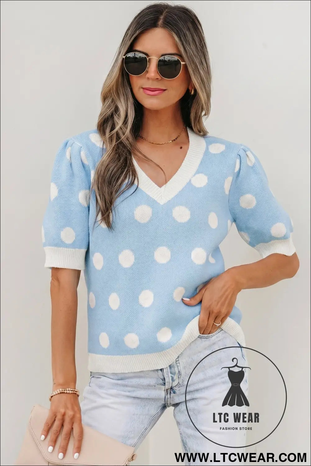 Pink polka dot puff short sleeve sweater top - light blue / l / 52% viscose + 26% polyester + 22% polyamide - short