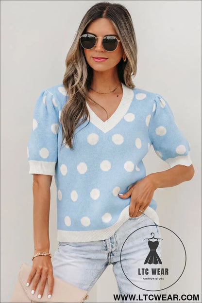 Pink polka dot puff short sleeve sweater top - light blue / l / 52% viscose + 26% polyester + 22% polyamide - short