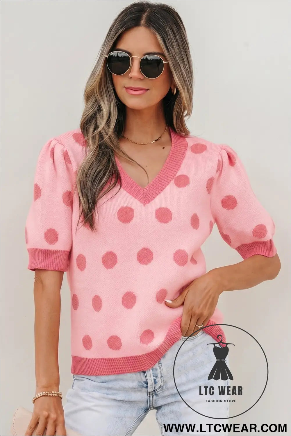 Pink polka dot puff short sleeve sweater top - rose red / l / 52% viscose + 26% polyester + 22% polyamide - short