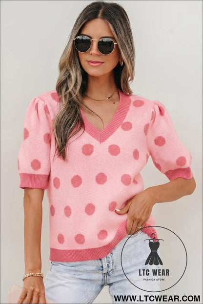 Pink polka dot puff short sleeve sweater top - rose red / l / 52% viscose + 26% polyester + 22% polyamide - short