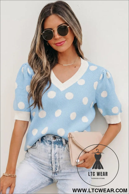 Pink polka dot puff short sleeve sweater top - short sleeve sweaters