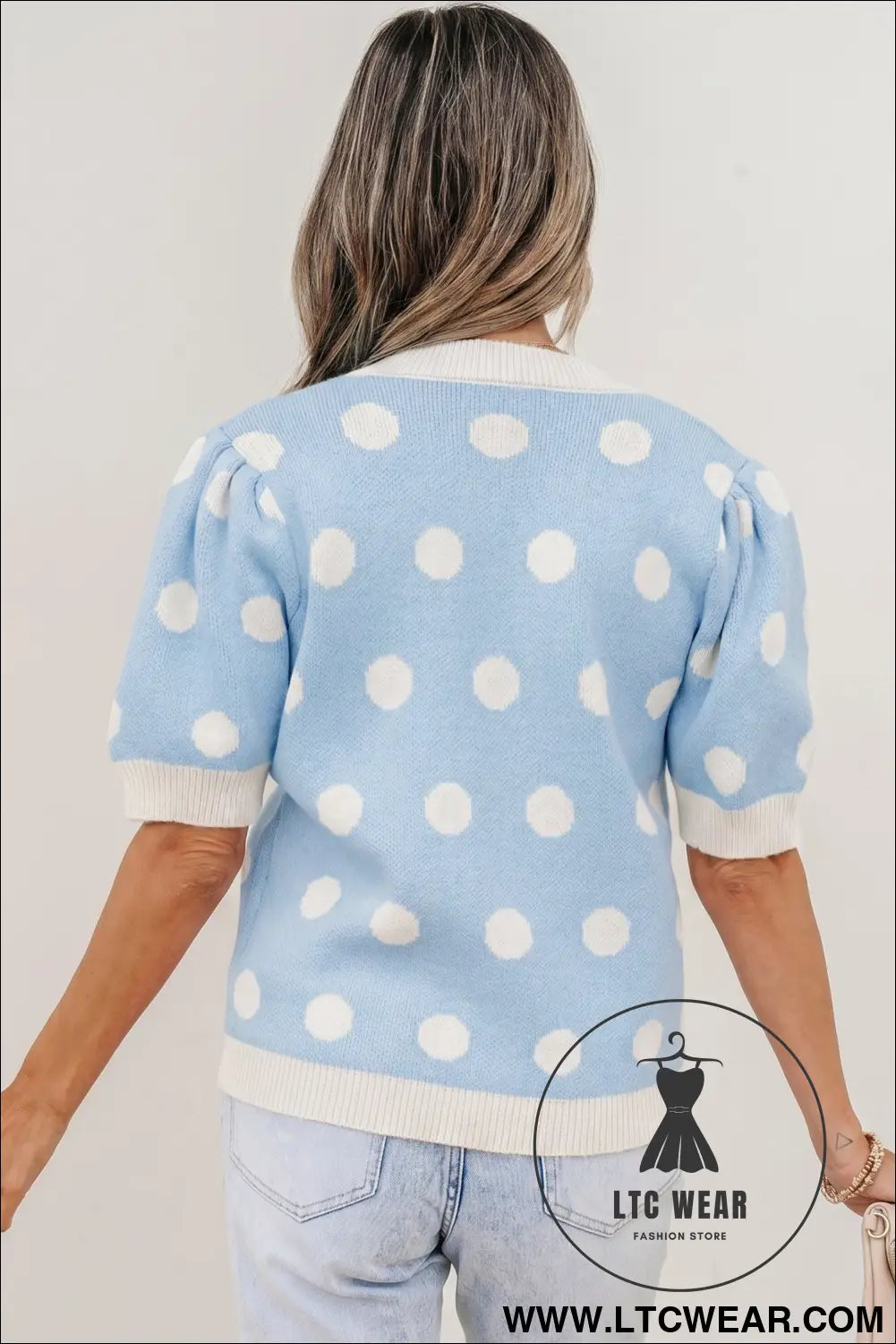 Pink polka dot puff short sleeve sweater top - short sleeve sweaters