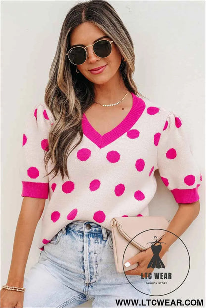 Pink Polka Dot Puff Short Sleeve Sweater Top