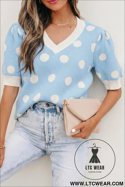 Pink polka dot puff short sleeve sweater top - short sleeve sweaters