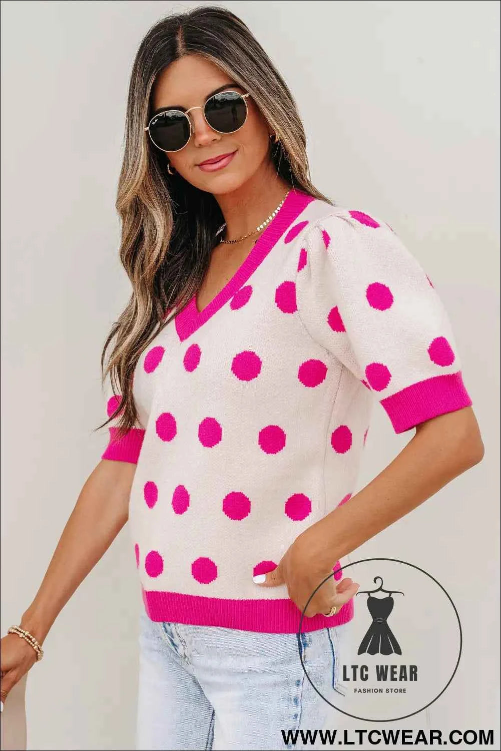 Pink Polka Dot Puff Short Sleeve Sweater Top