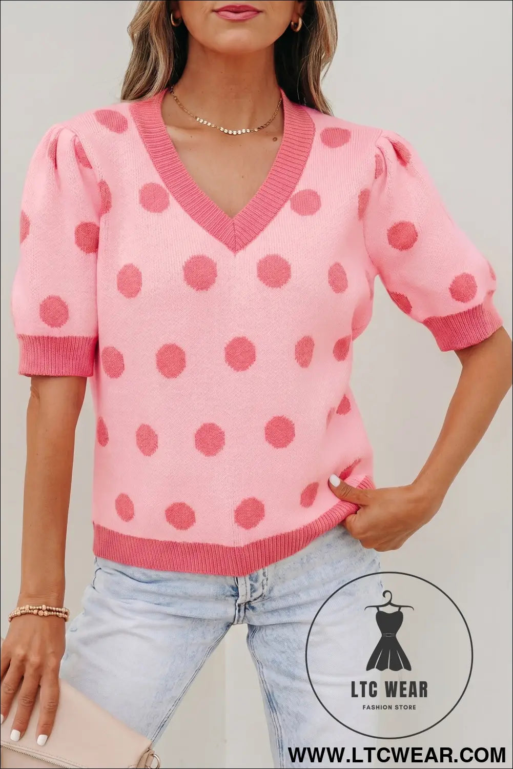 Pink polka dot puff short sleeve sweater top - short sleeve sweaters