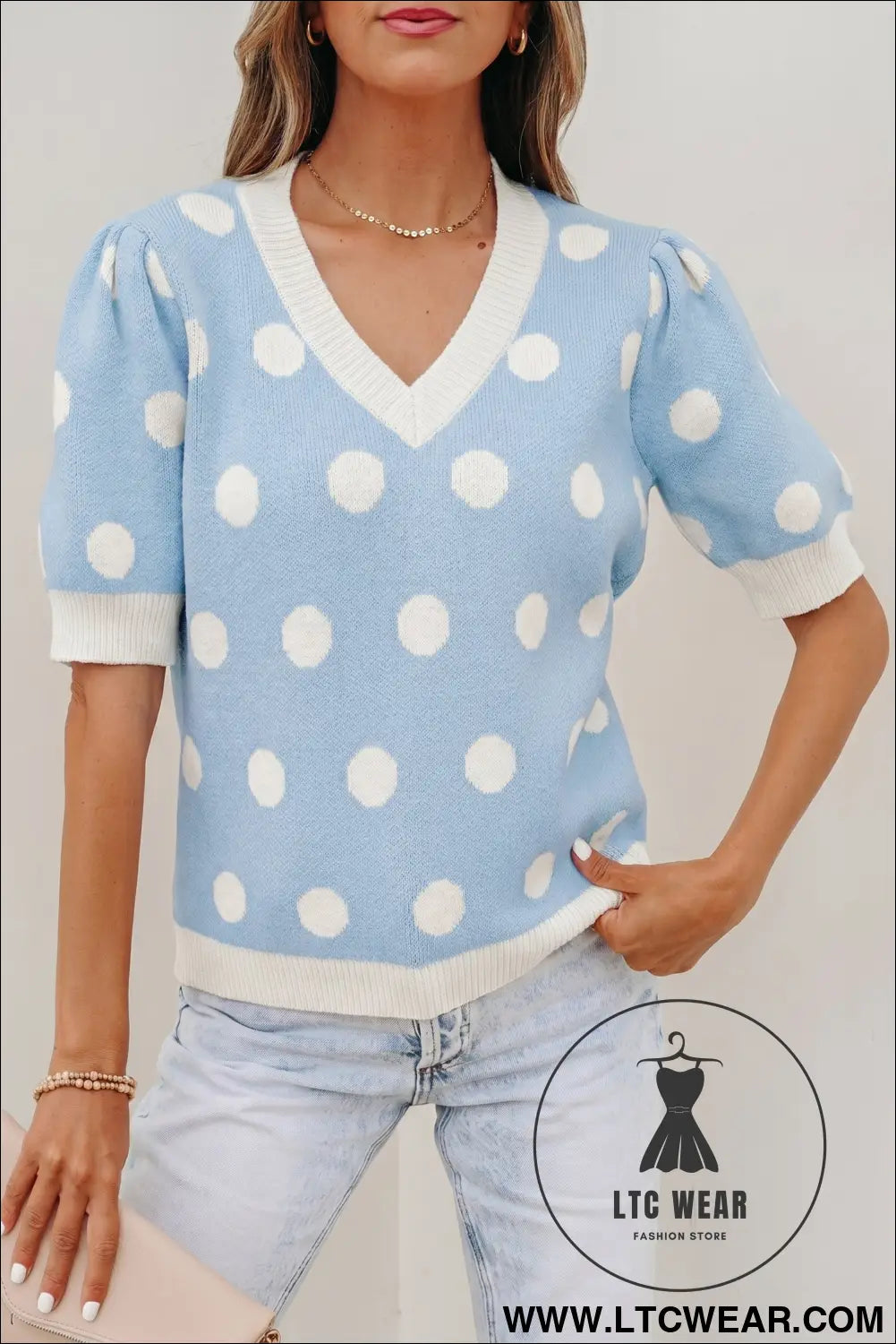 Pink polka dot puff short sleeve sweater top - short sleeve sweaters