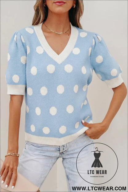 Pink polka dot puff short sleeve sweater top - short sleeve sweaters