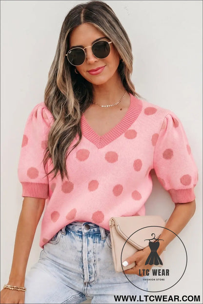Pink polka dot puff short sleeve sweater top - short sleeve sweaters