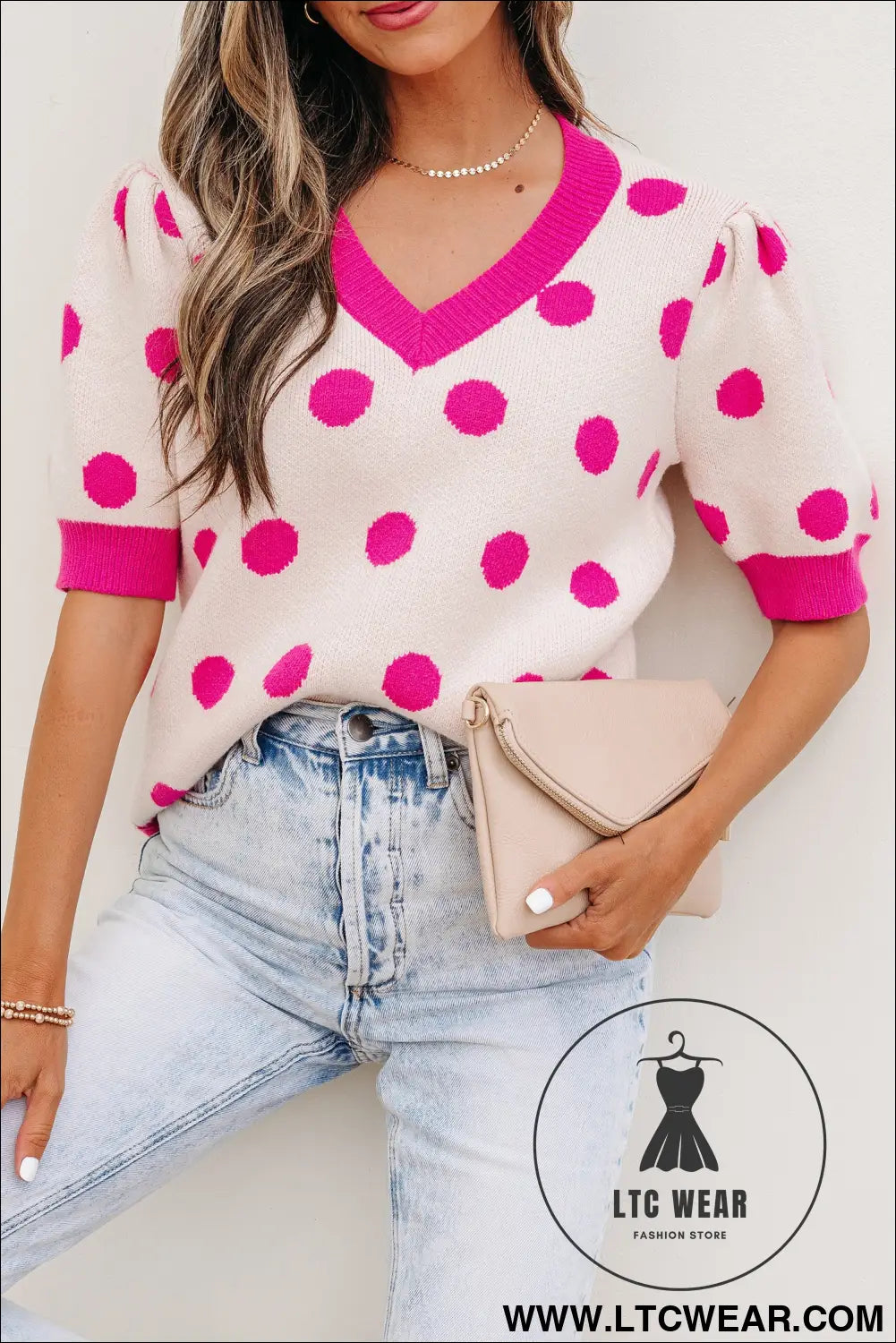 Pink polka dot puff short sleeve sweater top - short sleeve sweaters