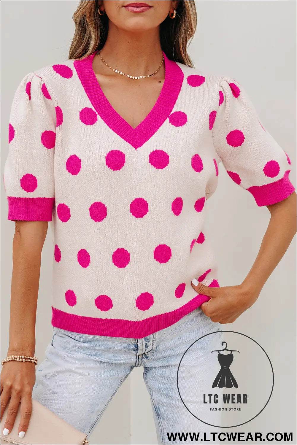 Pink polka dot puff short sleeve sweater top - short sleeve sweaters