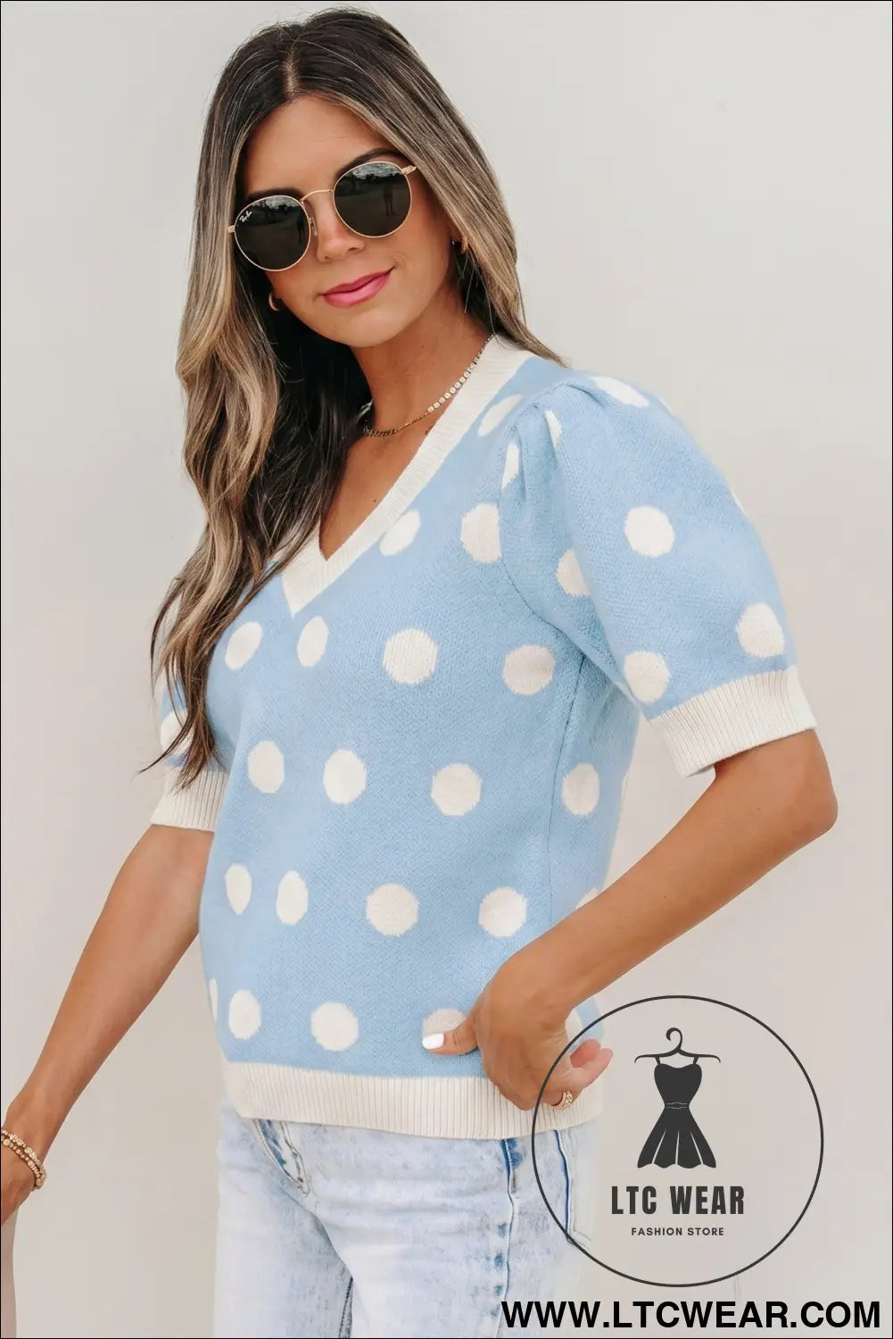 Pink polka dot puff short sleeve sweater top - short sleeve sweaters