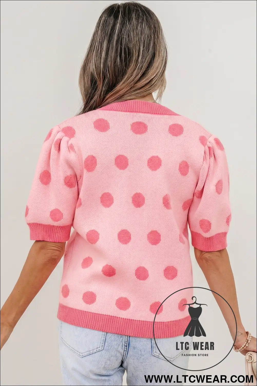 Pink polka dot puff short sleeve sweater top - short sleeve sweaters