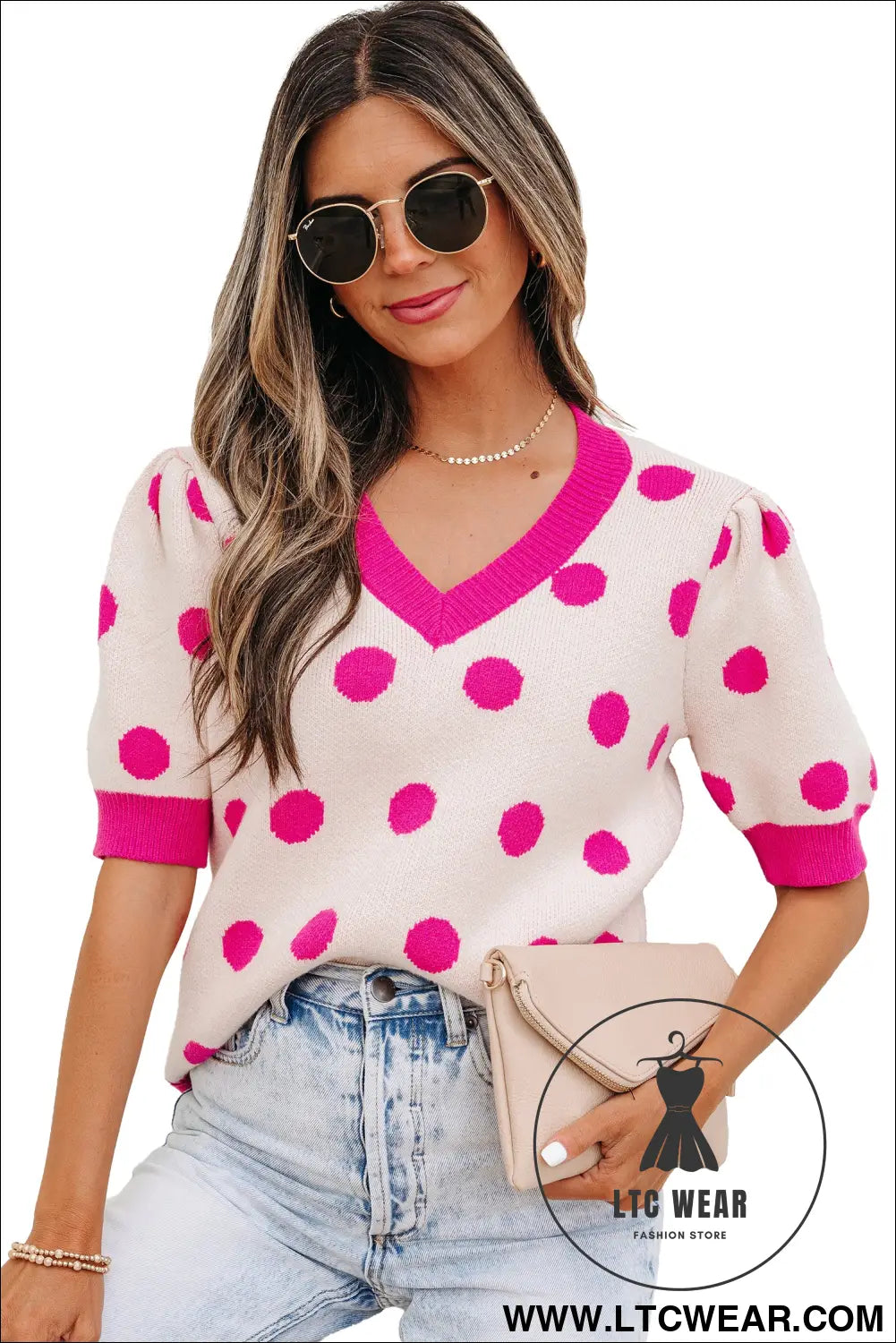 Pink polka dot puff short sleeve sweater top - short sleeve sweaters