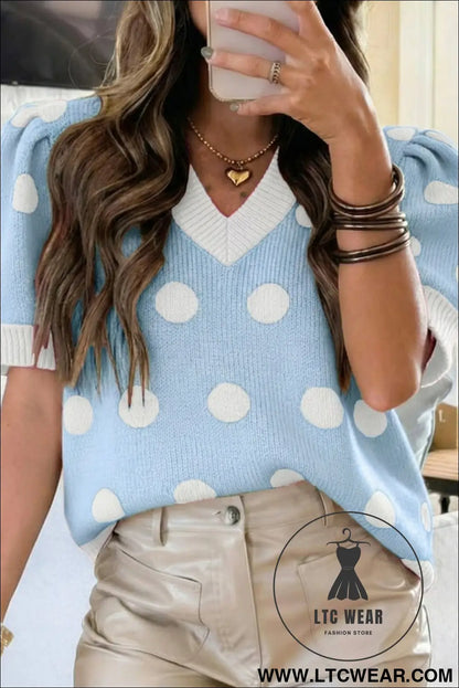 Pink polka dot puff short sleeve sweater top - short sleeve sweaters