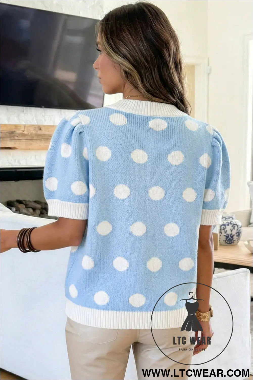 Pink polka dot puff short sleeve sweater top - short sleeve sweaters