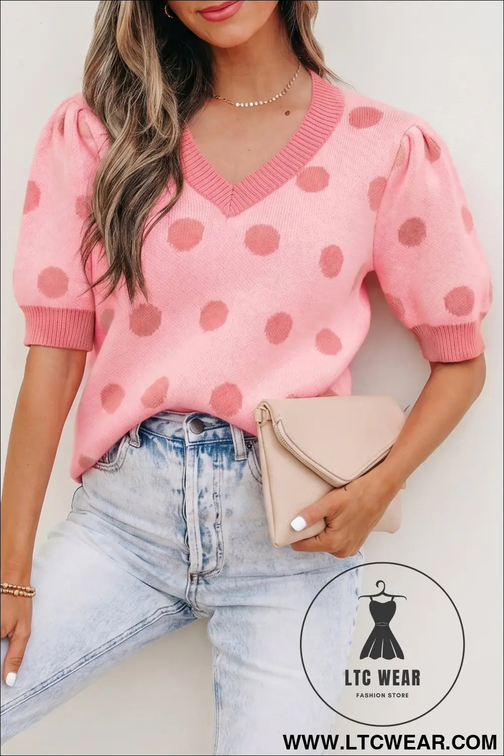 Pink polka dot puff short sleeve sweater top - short sleeve sweaters
