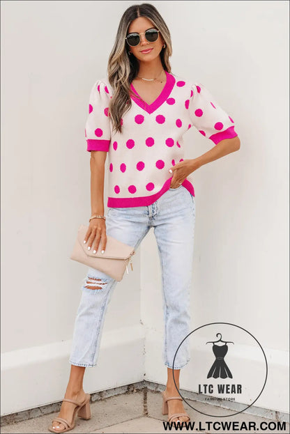 Pink polka dot puff short sleeve sweater top - short sleeve sweaters