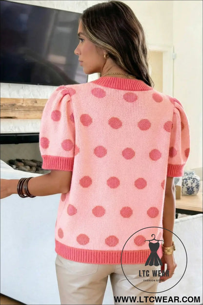 Pink polka dot puff short sleeve sweater top - short sleeve sweaters