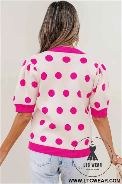 Pink Polka Dot Puff Short Sleeve Sweater Top