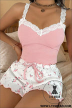 Pink ribbed knit lace straps patchwork lettuce hem cropped top floral short lounge set - loungewear