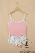 Pink ribbed knit lace straps patchwork lettuce hem cropped top floral short lounge set - loungewear