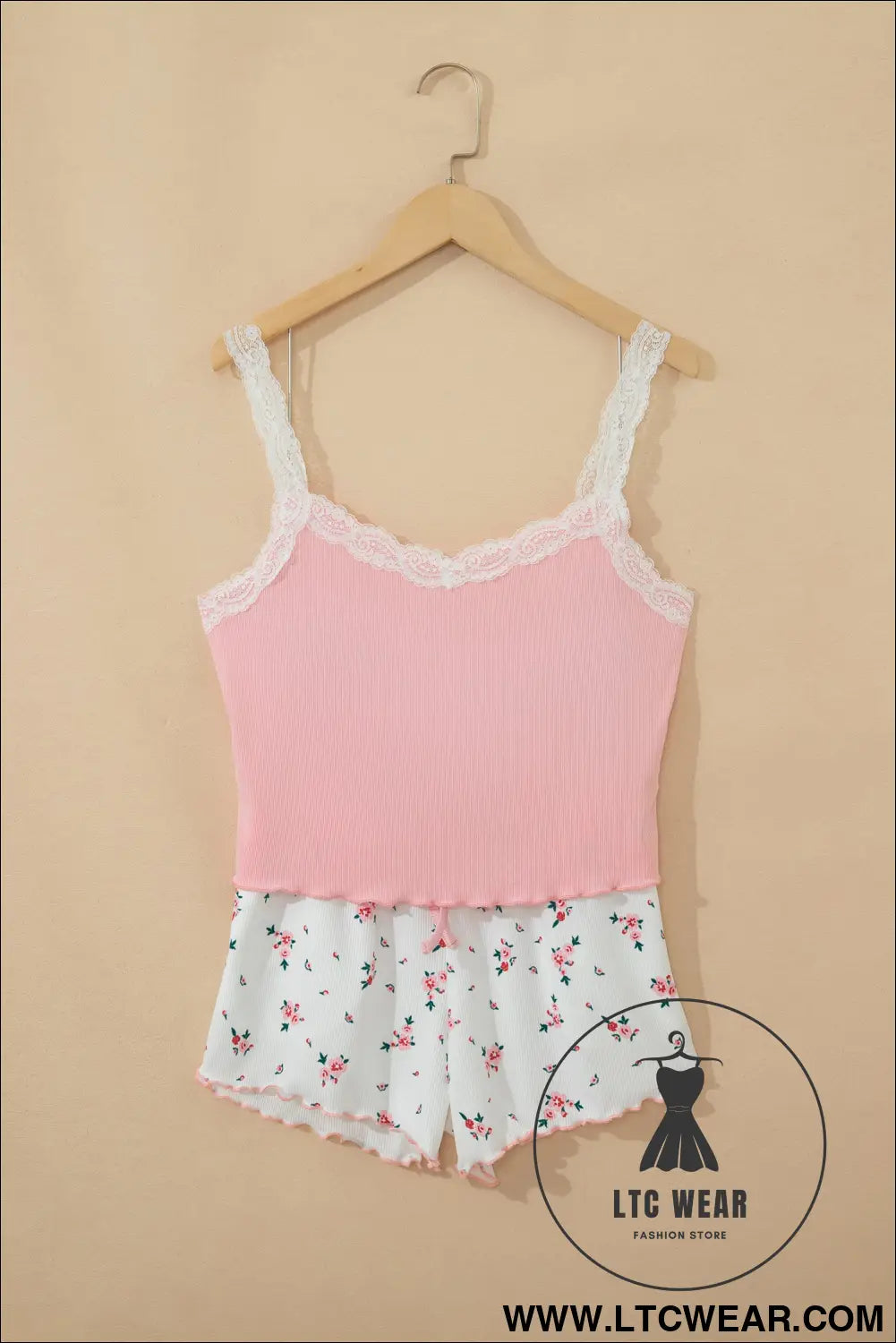 Pink ribbed knit lace straps patchwork lettuce hem cropped top floral short lounge set - loungewear