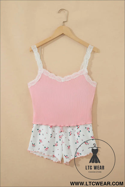 Pink ribbed knit lace straps patchwork lettuce hem cropped top floral short lounge set - loungewear