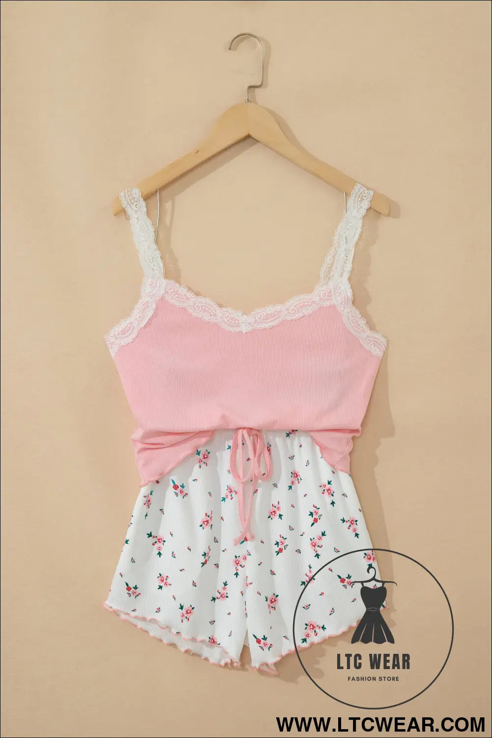 Pink ribbed knit lace straps patchwork lettuce hem cropped top floral short lounge set - loungewear